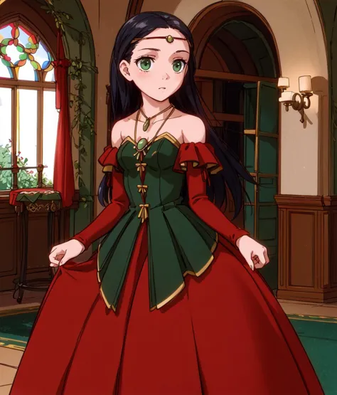 masterpiece, high res, detailed face, detailed eyes, 1 girl, solo, red green dress, black hair, green eyes, circlet, standing, s...