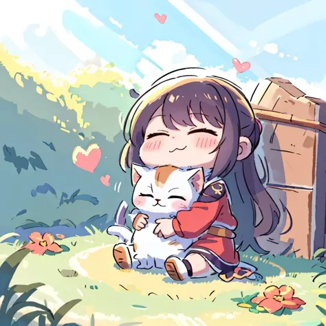 <lora:18.37:0.9>, drawing of a cute girl sitting on grass, cat sits on her lap, cute, Chibi, Warm colors, Blushing, closed eyes, peaceful, floating hearts, cozy, crudely drawn, natural light