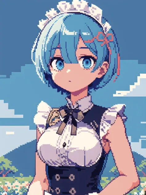 (pixel art:1.4),
Rem\(re zero kara hajrmeru isekai seikatsu\),Maid service, blue hair, short hair
(upper body),
blue sky, white ...