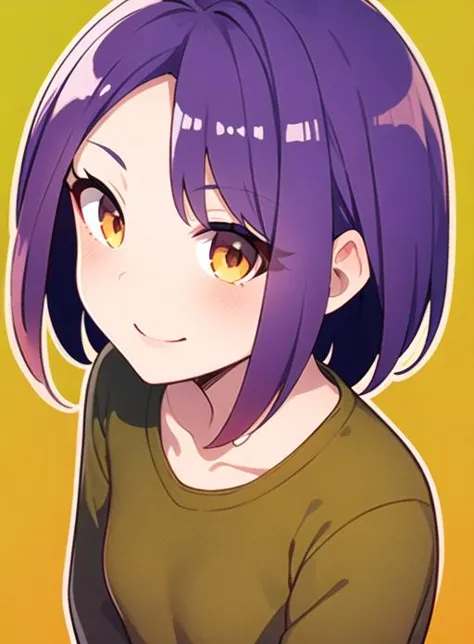 1girl, purple hair, small breasts, sweater, orange eyes, green background, upper body, smile