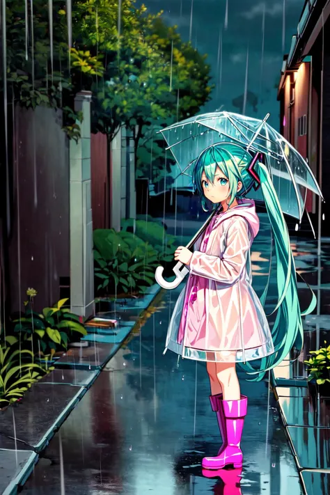 1girl, solo, hatsune miku, child, (chibi:0.8), frown, holding umbrella, rain, looking at viewer, rubber boots, raincoat, scenery...