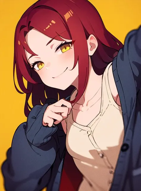 1girl, red hair, small breasts, cardigan, yellow eyes, red background, upper body, smile