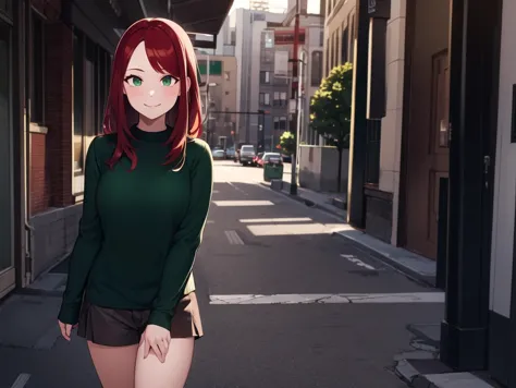 1girl, smile, medium breasts, red hair, green eyes, looking at viewer, sweater, outdoors, city street, masterpiece