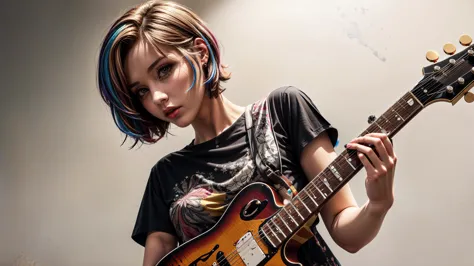 (masterpiece, best quality, highres), intricate detail, 1girl, buzz cut, colored inner hair, brown eyes,  (very short hair:1.30), t-shirt, abstract printed shirt, armlet, holding guitar, stage, smoking,   <lora:detailSliderALT2:2> ,