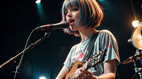 arafed woman with blue hair playing a guitar and singing into a microphone