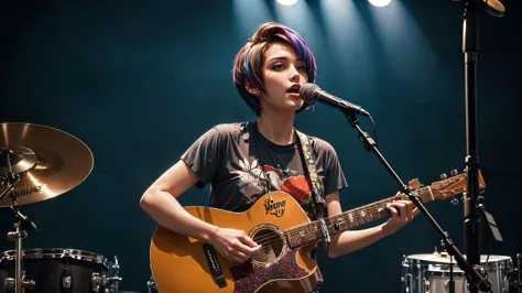 (masterpiece, best quality, highres), 1girl, buzz cut, colored inner hair, brown eyes,  (very short hair:1.30), t-shirt, abstract printed shirt, armlet,  sitting, drum set, microphone, microphone stand, amplifier,  blue hour, playing acoustic guitar, sad,  twilight, ISO12000
 