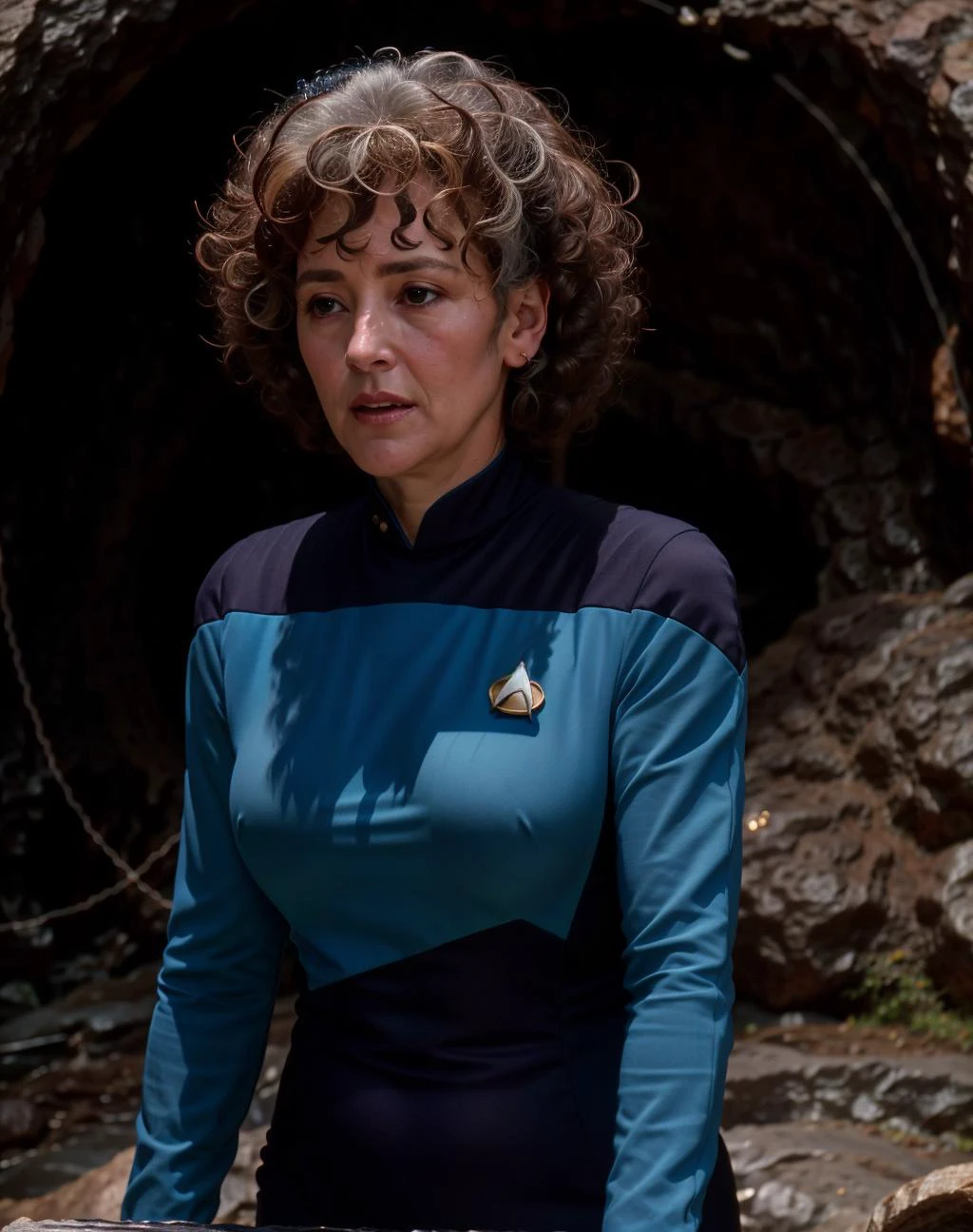 older woman with curly hair in a blue s3sttngsuit uniform, in a cave, 8k uhd, dslr, soft lighting, high quality, film grain,masterpiece quality,Fujifilm XT3