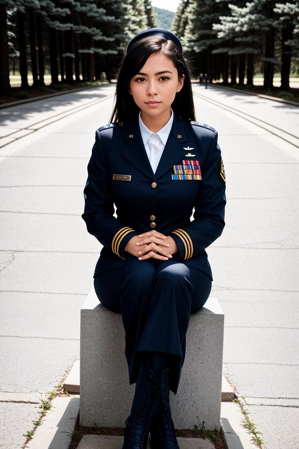 foto cruda, absurdos, alta calidad, Fotorrealista, enfoque nítido, Fuerza Aérea_uniform, 
retrato de una mujer vistiendo un uniforme de la fuerza aérea, mirando al espectador, Parte superior del cuerpo, pantalones, botas, Sesión, 
Al aire libre, luz de sol, 
realismo fotográfico, ultra detallado, 50mm, f1. 4, 8k hd, grano de la película, 
 