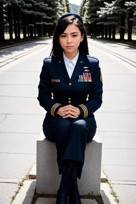 RAW photo, absurdres, high quality, photorealistic, sharp focus, airforce_uniform, 
portrait of a woman wearing an air force uni...