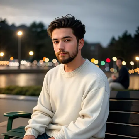 RAW photo, absurdres, high quality, photorealistic,
1boy, looking at viewer, sweater, sitting, short hair,  beard,
outdoors, nig...
