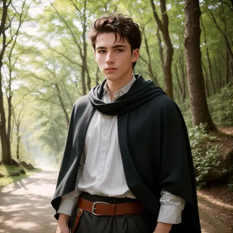 RAW photo, absurdres, high quality, photorealistic, detailed, realistic, medieval, 
a male adventurer with a sharp masculine jaw, short hair, pale skin, sharp eyes, messy hair, outdoors, tunic, cloak,  trouser, staring at camera, chapped lips, detailed skin,
soft natural lighting, portrait photography, magical photography, dramatic lighting, photo realism, ultra-detailed,
35mm, f/2.8, 8k uhd, dslr, film grain,