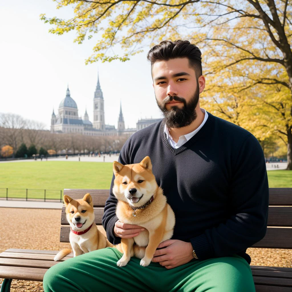 Foto CRU, absurdos, alta qualidade, fotorrealista,
retrato completo de um homem europeu com barba, suéter, calça, sentado, segurando um (Shiba Inu:1.1),
ao ar livre, parque, banco, luz solar, 8k hd, DSLR, grão de filme, detalhado, foco nitído,