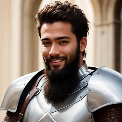 RAW photo, absurdres, high quality, photorealistic, portrait of a young knight man, beard, looking at viewer, smile, brown_skin,...