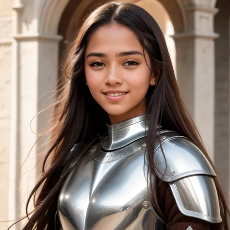 RAW photo, absurdres, high quality, photorealistic, portrait of a young knight woman, looking at viewer, smile, long hair, brown...