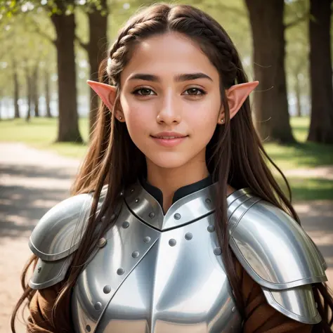 RAW photo, absurdres, high quality, photorealistic, portrait of a young knight elf woman, beard, looking at viewer, smile, brown...