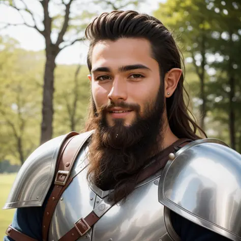 RAW photo, absurdres, high quality, photorealistic, portrait of a young knight elf man, beard, looking at viewer, smile, brown_s...