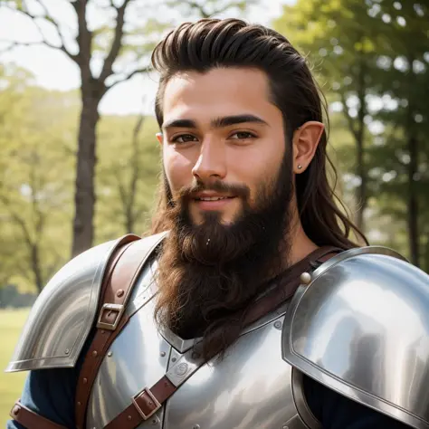 RAW photo, absurdres, high quality, photorealistic, portrait of a young knight elf man, beard, looking at viewer, smile, brown_skin, detailed_skin, (freckles:0.5), photo realism, ultra-detailed, 50mm, f1. 4, 8k uhd, film grain