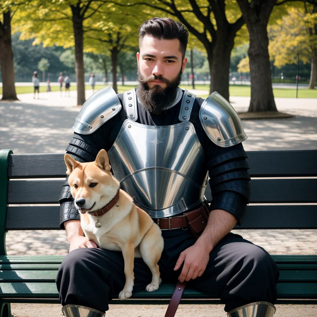 foto cruda, absurdos, alta calidad, Fotorrealista, retrato de un hombre europeo, barba, detallado_piel, armadura de placas, pantalones, Sesión, Sosteniendo un Shiba Inu, Al aire libre, parque, banco, luz de sol, 8k hd, DSLR, grano de la película, detallado, enfoque nítido,