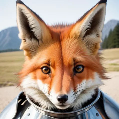 RAW photo, absurdres, high quality, photorealistic, portrait of a fox, plate armor, looking at viewer, smile, photo realism, ult...