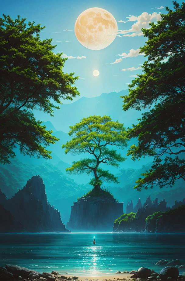 modern disney style, oil painting, a painting, no humans, tree, water, fish, moon, watercraft, scenery, ocean, sky, cloud, outdoors, sun, coral, boat, palm tree, David Martin, ocean, an airbrush painting, fantasy art, (masterpiece:1.2), (illustration:1.1), (best quality:1.2), (detailed), (intricate), (8k), (HDR), (wallpaper), (cinematic lighting), (sharp focus),