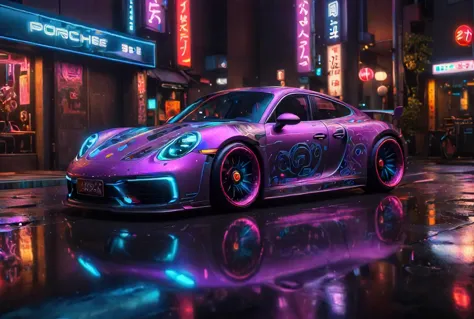 a purple porsche sports car parked in front of a neon store