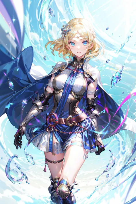 absurdres, best quality, 1girl, solo,  <lora:lianna-nvwls-v2:0.8>, lianna, hair ornament, circlet, cape, armored dress, elbow gloves, blue skirt, thigh boots