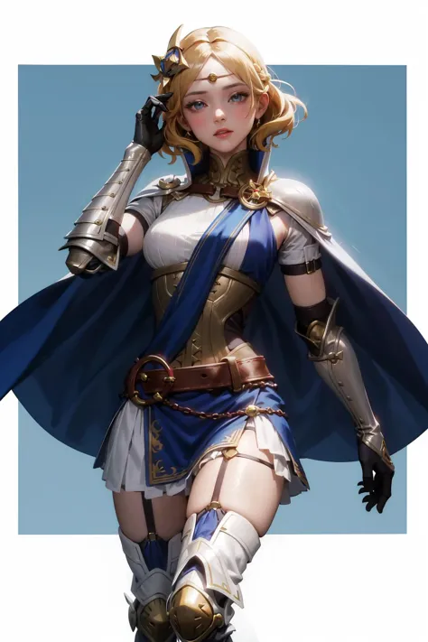 absurdres, best quality, 1girl, solo,  <lora:lianna-nvwls-v2:0.8>, lianna, hair ornament, circlet, cape, armored dress, elbow gloves, blue skirt, thigh boots