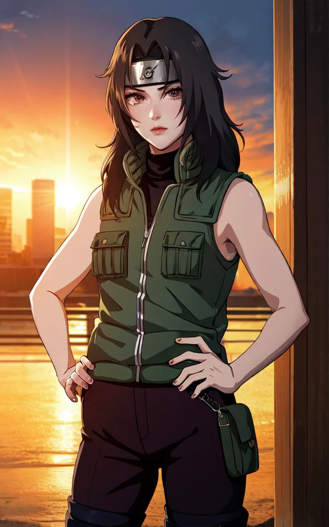 outdoors, lens flare, depth of field, bokeh, vanishing point, solo, looking at viewer,((masterpiece, best quality)), BREAK 
GreenJacket_KurenaiYuhi_ownwaifu,
1girl, black hair, forehead protector, long hair, konohagakure symbol, red eyes, headband, makeup, lipstick, 
ninja, sleeveless, vest, green vest, pants, sleeveless jacket, thigh pouch,
(contrapposto, hand on hip:0.8)insaneres, absurdres,