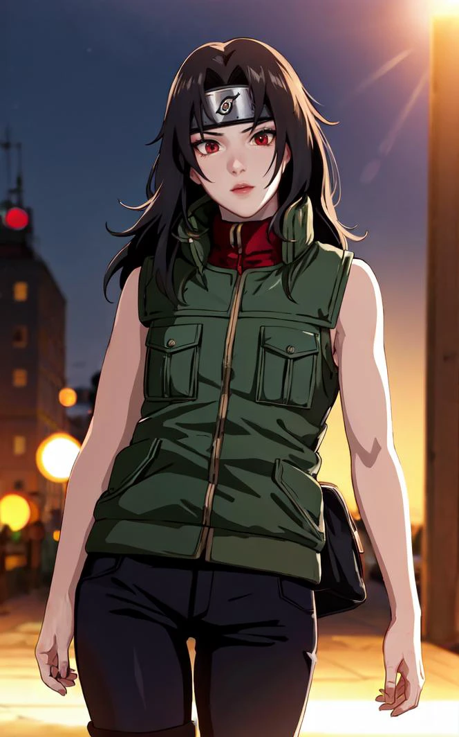 outdoors, lens flare, depth of field, bokeh, vanishing point, solo, looking at viewer,((masterpiece, best quality)), BREAK 
GreenJacket_KurenaiYuhi_ownwaifu,
1girl, black hair, forehead protector, long hair, konohagakure symbol, red eyes, headband, makeup, lipstick, 
ninja, sleeveless, vest, green vest, pants, sleeveless jacket, thigh pouch,
(contrapposto, looking back:0.8)insaneres, absurdres,