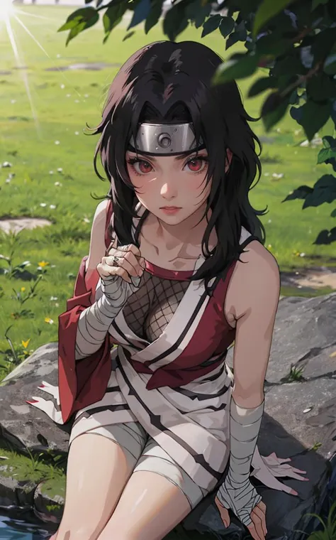 outdoors, lens flare, depth of field, bokeh, vanishing point, solo, looking at viewer,((masterpiece, best quality)), BREAK 
NinjaWhiteDress_KurenaiYuhi_ownwaifu,  
1girl, forehead protector, black hair, long hair, red eyes, makeup, lipstick, konohagakure symbol, red lips, large breasts,  
bandaged arm, fishnet top, bandaged hand, sleeveless, bandaged leg, cleavage, long sleeves, asymmetrical sleeves, single sleeve, vest,  collarbone, 
(sitting, from above)insaneres, absurdres,