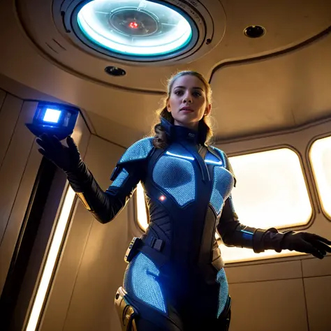 wide angle photo of a pretty young woman in intricate futuristic scifi uniform using a starship computer terminal, happy, floating, gloves, cinematic lighting, high resolution, insane details, intricate details, hyperdetailed