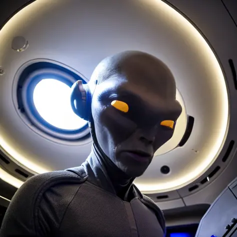 wide angle photo of a grey alien inside a starship operating a futuristic computer, cinematic lighting, high resolution, insane details, intricate details, hyperdetailed