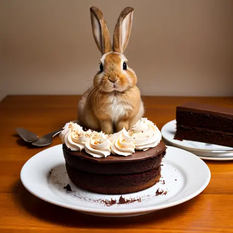 wide angle photo of a fluffy bunny eating a chocolate cake, ful body shot, cinematic lighting, high resolution, insane details, intricate details, hyperdetailed