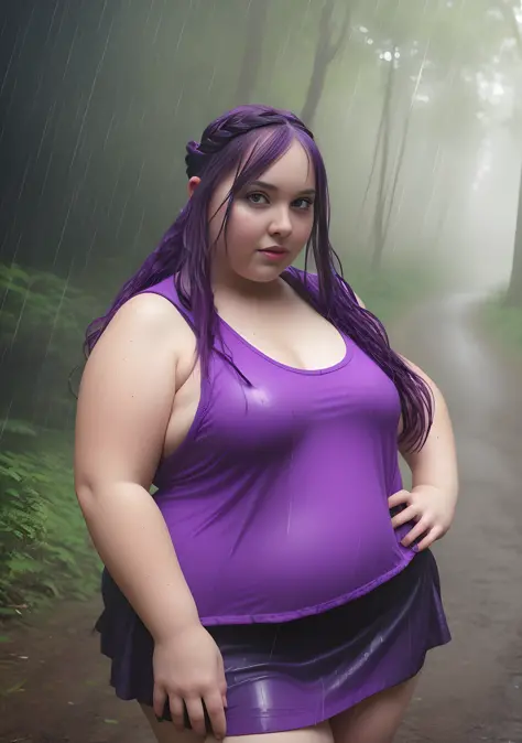 a sexy chubby woman in a forest in the rain, tanktop, skirt, choker, wet clothes, purple hair, braid, full body portrait, hyperrealistic photograph, 8k uhd