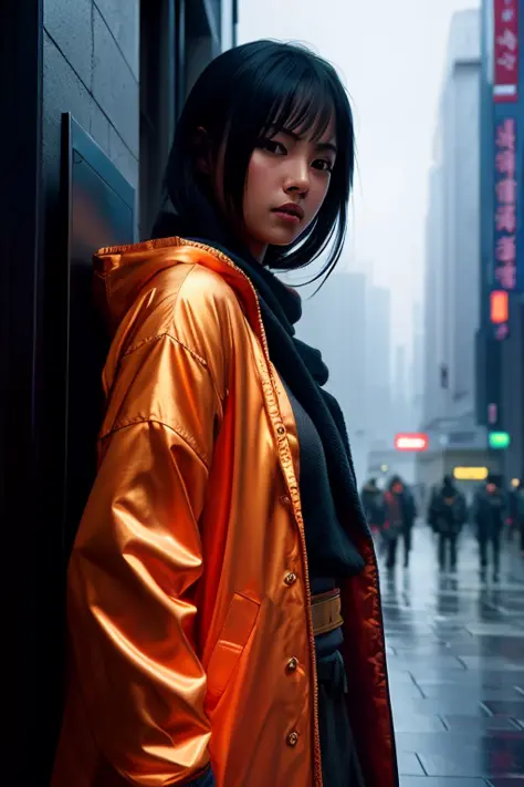 upper body shot photo of the most beautiful artwork in the world featuring a modern ninja female girl, sexy, big eyes, urban tokyo futuristic look, neon lights, night, slow motion, reflections, orange raincoat, intricate detail, nostalgia, heart profession...