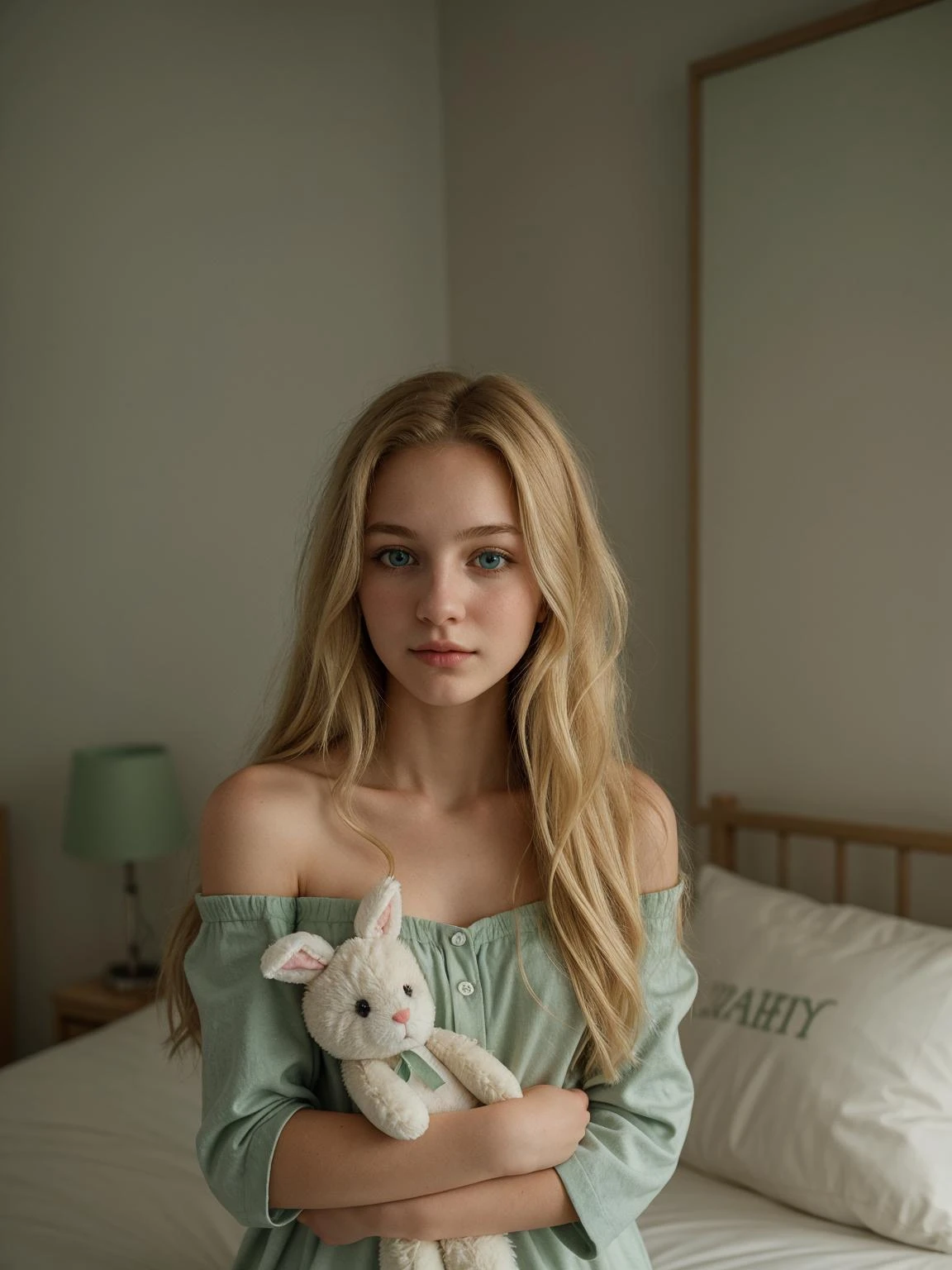 1girl, 18 years old, blonde hair, green eyes, long hair, messy hair, pajamas, nightcap, off shoulder, expressionless, bedroom, stuffed bunny, holding stuffed toy, object hug, masterpiece, best quality,