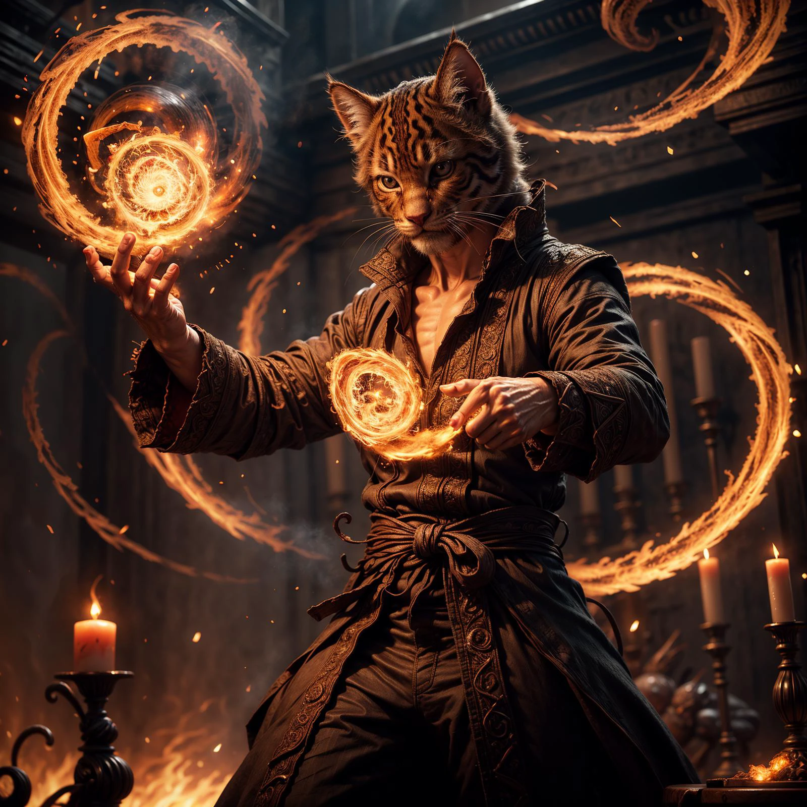 realistic, ((masterpiece)), ((best quality)), (detailed), cinematic, dynamic lighting, soft shadow, detailed background, professional photography, depth of field, intricate, RAW photo  of a detailed (humanoid feline:1.4) wizard wearing an ornate robe, standing at a work bench,pyromancer, dynamic pose,, casting spell, swirling fire, flames, (swirling embers:1.2),  smoke, in a wizards laboratory, books, tools, science experiments, candles, vials and test tubes,