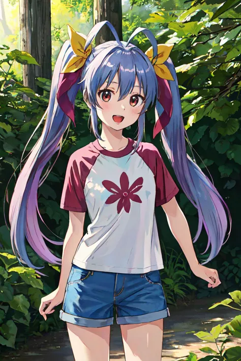 anime girl with long purple hair and blue shorts standing in the woods