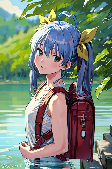 anime girl with backpack standing on dock by water