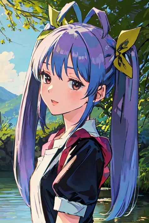 anime girl with long hair and ponytail standing in front of a river