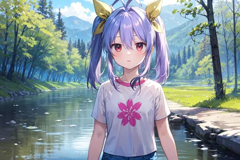 masterpiece, 1girl, miyauchi renge, shirt, hair ribbon, ribbon, shorts, outdoors, nature, river, flower, denim shorts, <lora:ren...