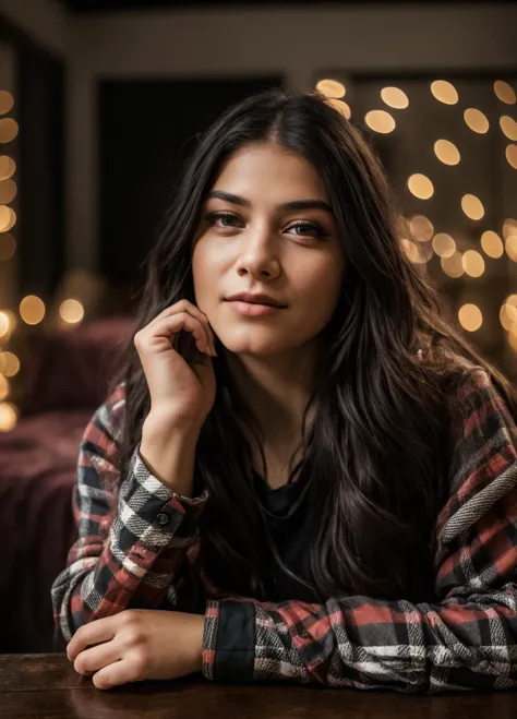 a woman sitting at a table with a christmas tree in the background