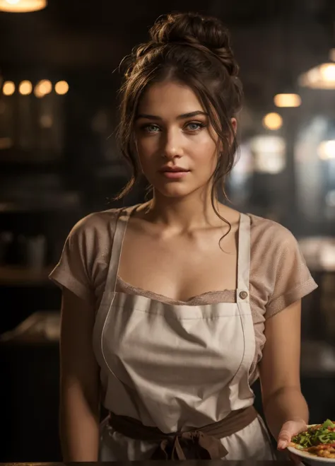 a woman in a white apron holding a plate of food