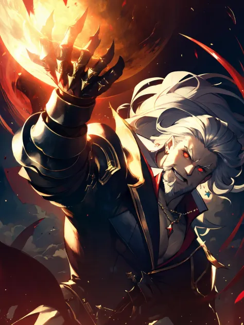 masterpiece,best quality,highres,cinematic lighting,dramatic angle,1man,mature male,white hair,beard,black suit,red eyes,vampire,pale skin,:d,clenched teeth,evil smile,magic,dark magic,fangs,muscular,cleavage,gauntlets,claws,claw_(weapon),looking at viewer,cowboy shot,floating hair,earrings,necklace,blood,glowing eyes,casting spell,blood magic,aura