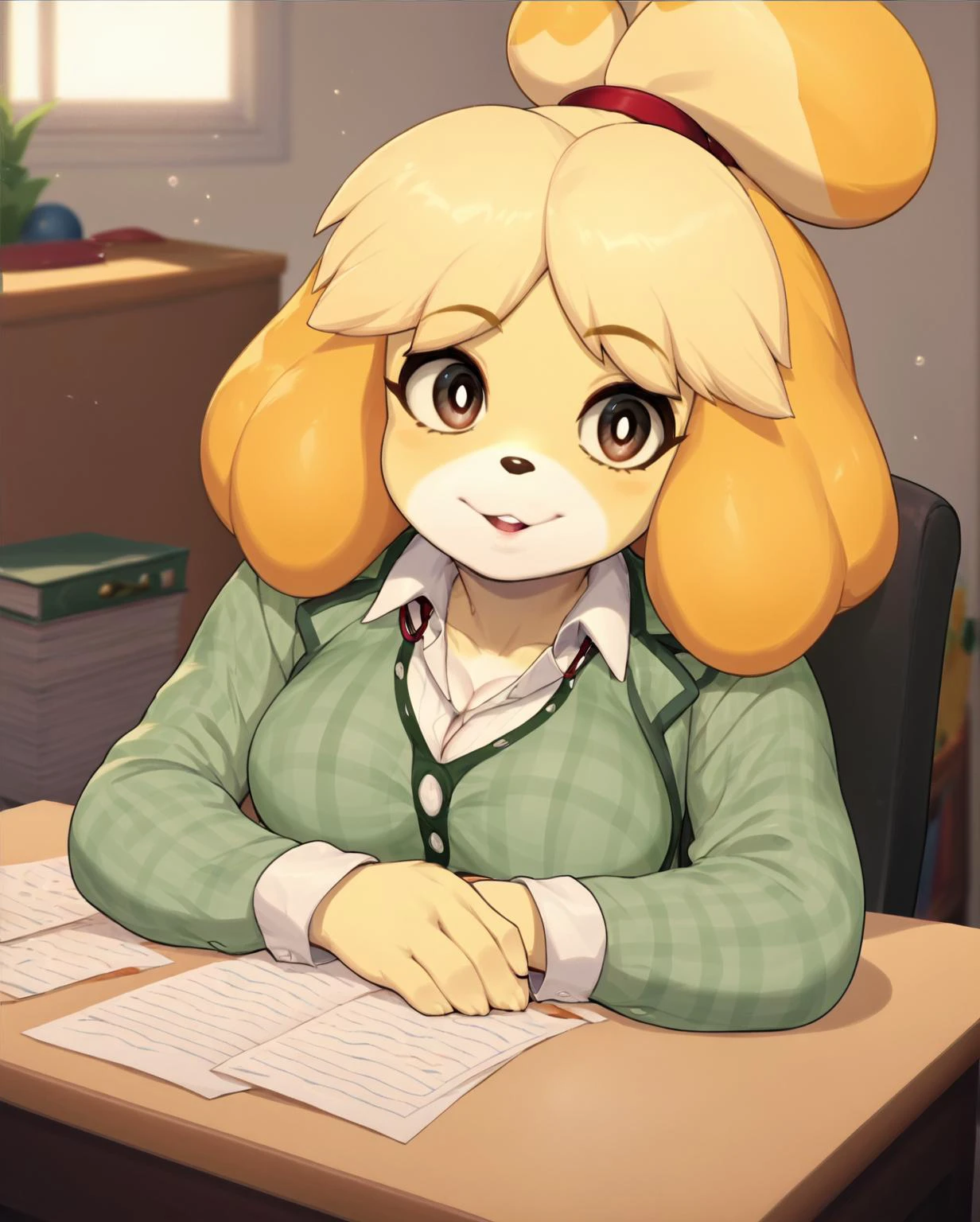 score_8_up, score_7_up, score_6_up, score_5_up, score_4_up, anime screencap, looking at viewer,
1girl, solo, isabelle (animal crossing), blonde hair, animal ears, furry
upper body, 
office, desk
