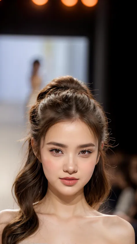 a woman with long hair and a blue dress on a runway