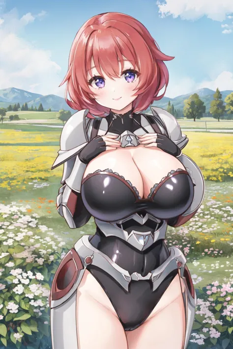 <lora:cowgirl-gs-richy-v1:0.6>, gscowgirl, huge breasts, cleavage, (armored leotard), outdoors, smile, looking at viewer, field, <lora:armorleo2-10:0.6>