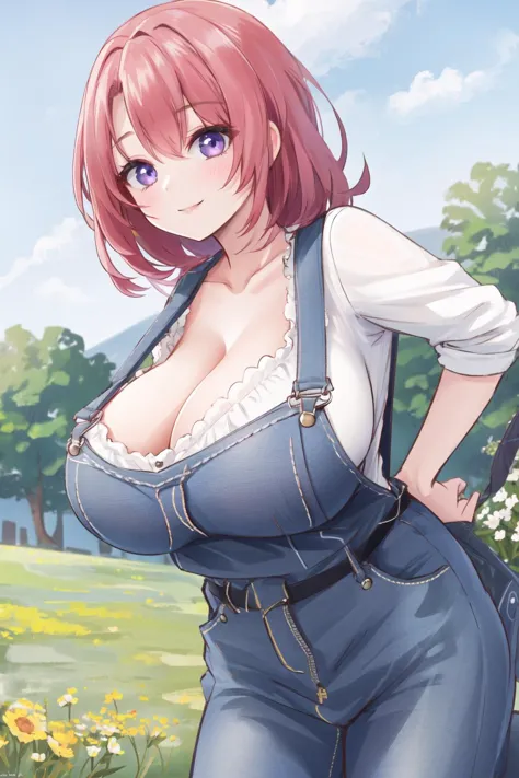 <lora:cowgirl-gs-richy-v1:0.6>, gscowgirl, huge breasts, cleavage, overalls, white shirt, outdoors, smile, looking at viewer, field