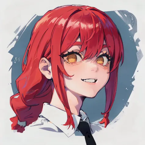 anime girl with red hair and yellow eyes wearing a tie