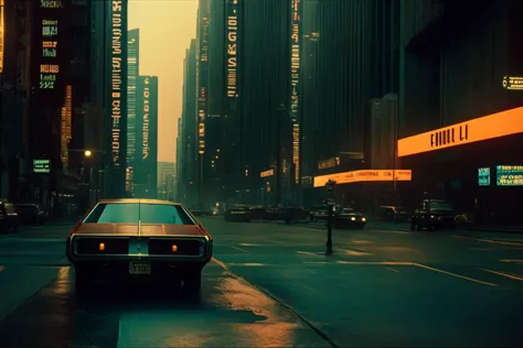 A film still photography of DC Arrow in a cyberpunk blade runner futuristic city, super 8mm film, saturated color grading, de-no...